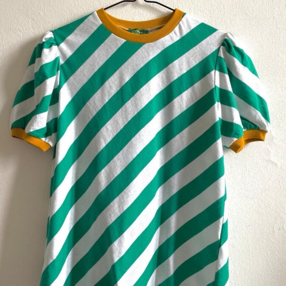 Green and White Striped Puff Sleeve Top